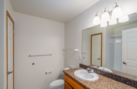 A bathroom with a toilet, sink, mirror, and light fixture.
