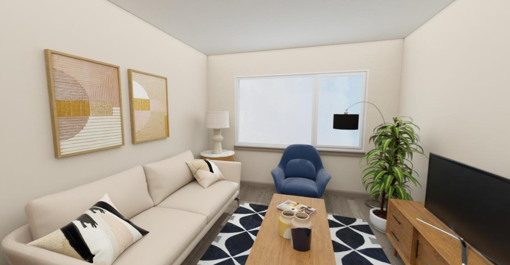 a living room with a couch and a chair