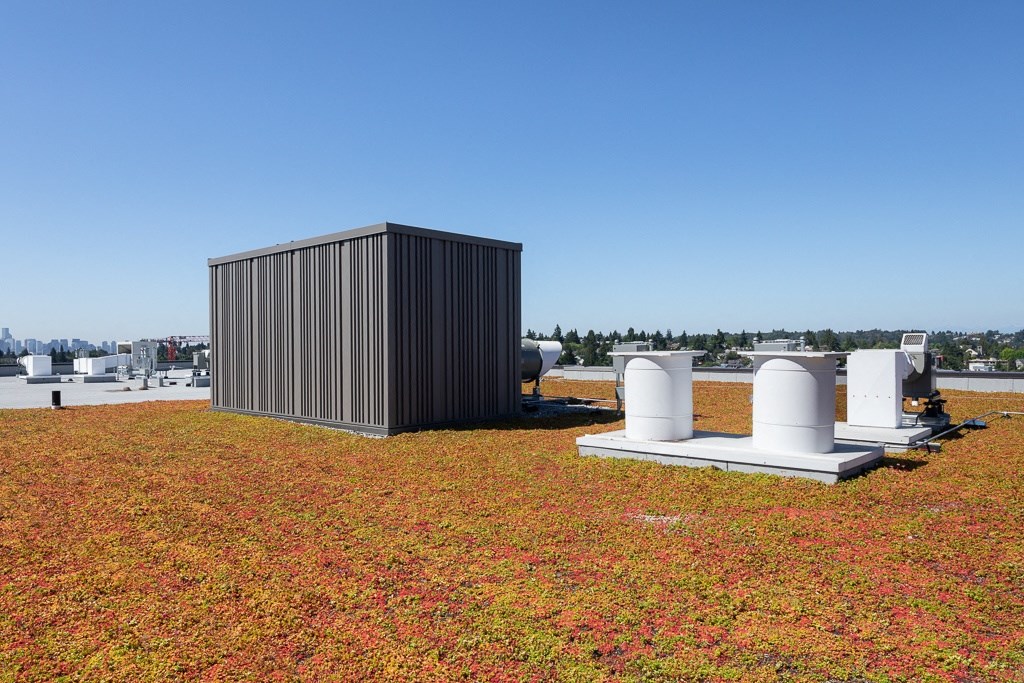 a small building on the grass next to some tanks