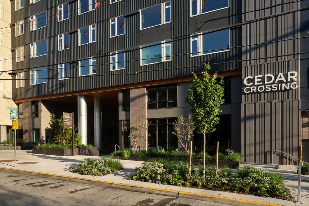 Building entrance signat Cedar Crossing, Washington
