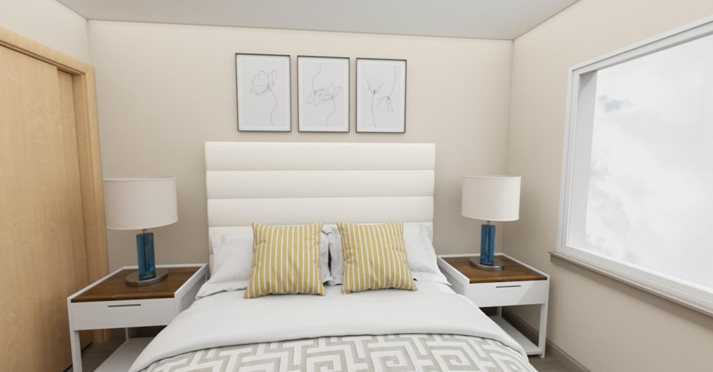 Bed with bed lamps at Cedar Crossing, Seattle, WA