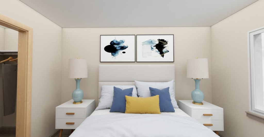 Bed and bed lamps at Cedar Crossing, Seattle, WA, 98115