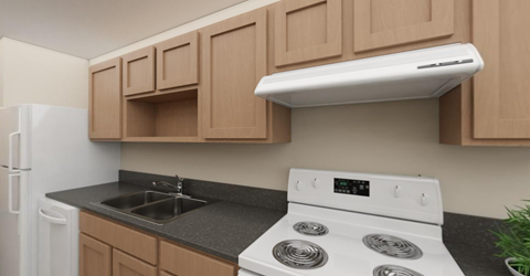 a kitchen with a white stove and a sink