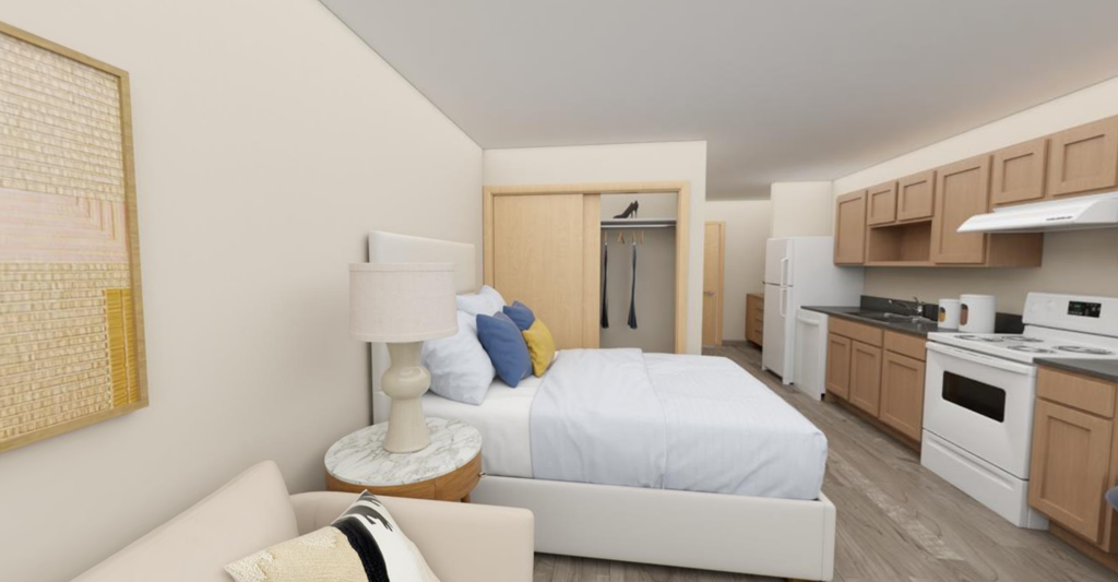 Bed and kitchen for studioat Cedar Crossing, Washington, 98115