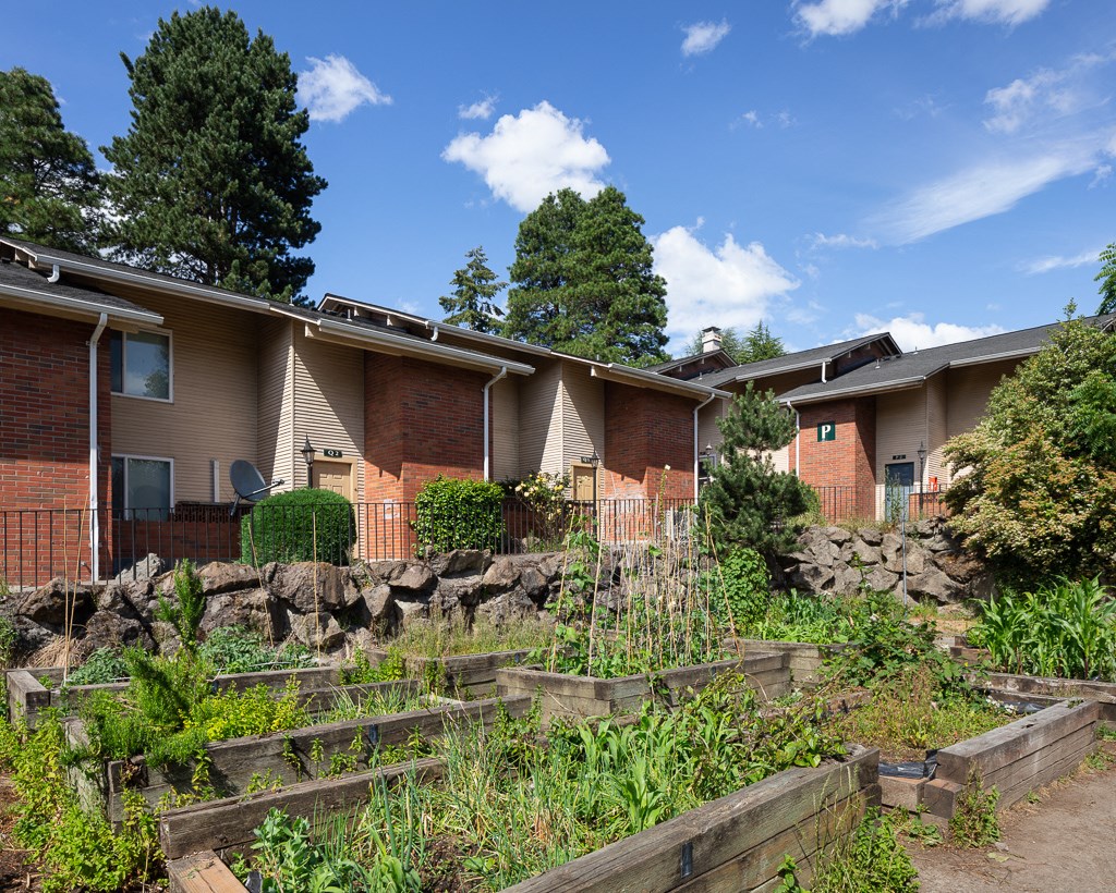 a garden in front of an apartment building