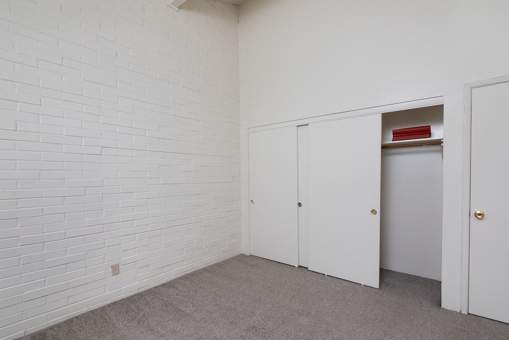 a room with white walls and a closet and a door