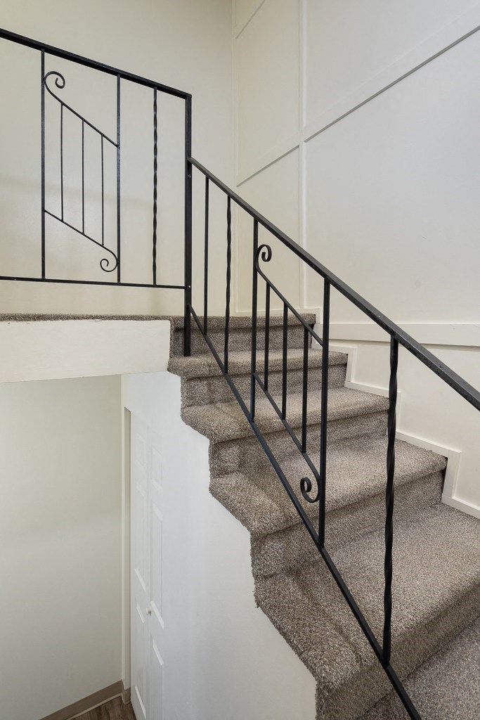 an image of a staircase in a home with carpeted stairs