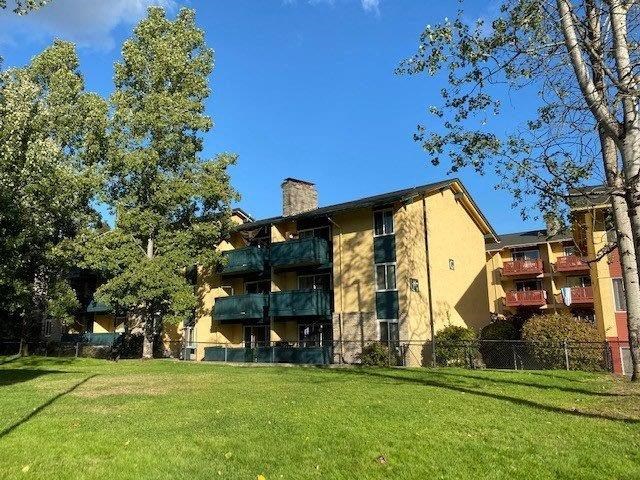 a yellow apartment building with a green lawn and trees
