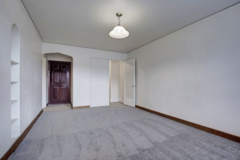 A room with a carpeted floor and a brown door.