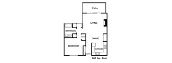A floor plan of a 800 square feet home with a living room, dining room, kitchen, bedroom, bathroom, and storage.