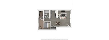 A floor plan of a living room with a couch, coffee table, and television.