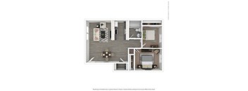 A 3D floor plan of a small apartment with a kitchen, living room, and bathroom.