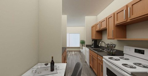 a kitchen with white appliances and wooden cabinets