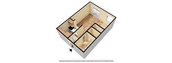 A 3D rendered image of a house layout.