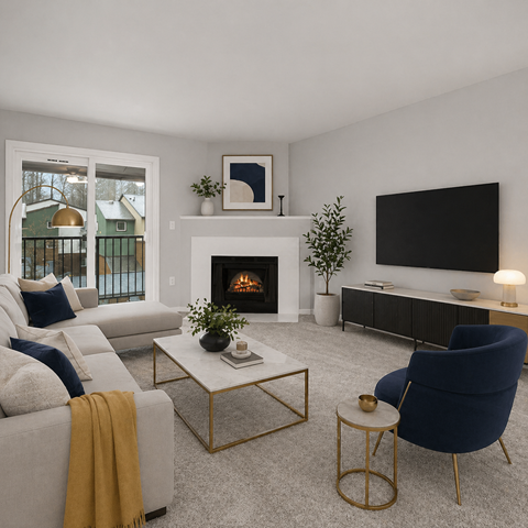 A living room with a fireplace, a blue armchair, and a television.