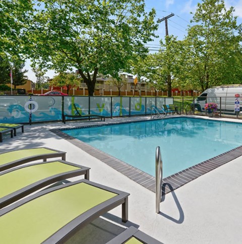 A pool surrounded by trees and a fence with graffiti on it.