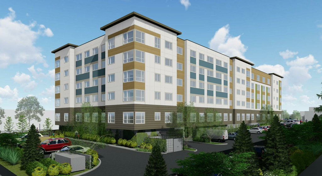 a rendering of an apartment building with cars parked in front of it