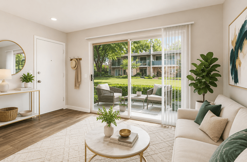 A living room with a white couch and a coffee table in front of a sliding glass door.