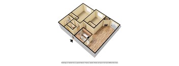 A 3D rendered image of a house layout.