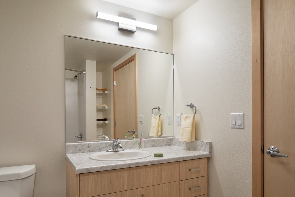 A bathroom with a sink, mirror, and toilet.