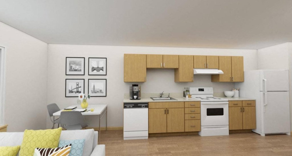 A kitchen with wooden cabinets and a white fridge.