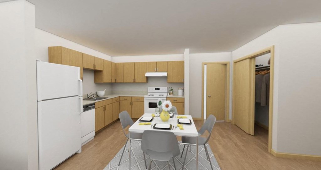 A kitchen with a table and chairs in the middle of the room.