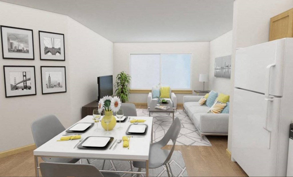 A modern dining room with a white table set for six.