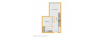 A floor plan of a small apartment with a living room, bedroom, and bathroom.