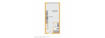 A floor plan of a small apartment with a living room, bedroom, kitchen, and bathroom.