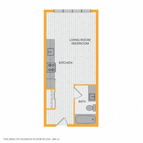 A floor plan of a small apartment with a living room, bedroom, kitchen, and bathroom.