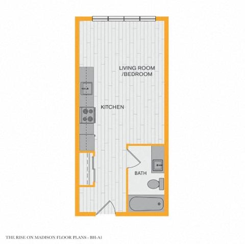 A floor plan of a small apartment with a living room, bedroom, kitchen, and bathroom.