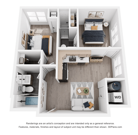 a 3d floor plan of a bedroom and a living room