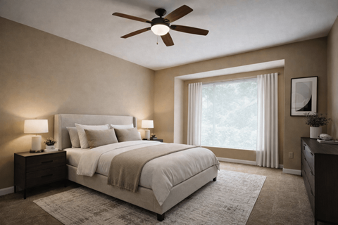 A bedroom with a bed, nightstands, and a ceiling fan.