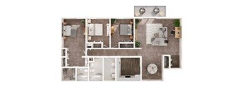 A floor plan of a house with a kitchen, living room, and bathrooms.