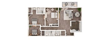 A top-down view of a house layout with a living room, kitchen, dining room, and bedrooms.