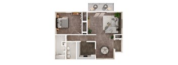 A top-down view of a small apartment layout with a bedroom, living room, kitchen, and bathroom.