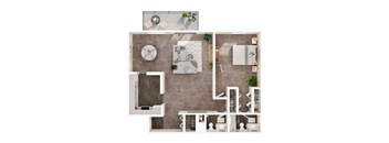A top-down view of a house layout with a kitchen, living room, dining room, and bedrooms.
