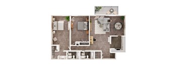 A top-down view of a living room, kitchen, and dining area.
