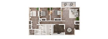 A floor plan of a house with a kitchen, living room, and bathrooms.