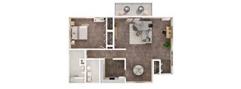 A top-down view of a modern bathroom with a large mirror, a bathtub, a shower, and a sink.