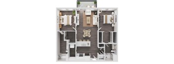A top-down view of a modern apartment layout with a kitchen, living room, and bedrooms.