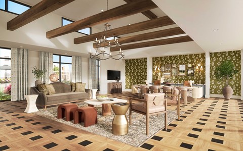 A living room with a brown and black checkered floor.