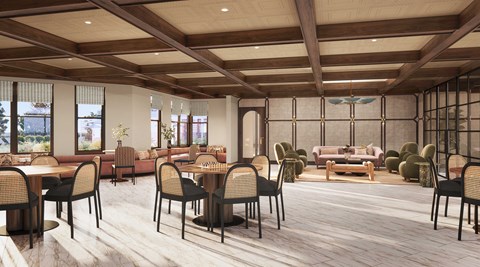 A modern dining room with wooden floors and furniture.