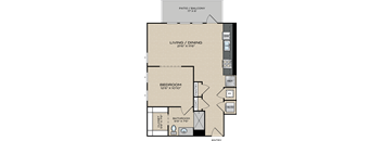 A floor plan of a small apartment with a living room, bedroom, bathroom, and closet.