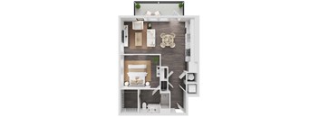 A top-down view of a modern apartment layout with a living room, kitchen, and bedroom.