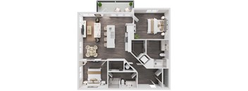 A top-down view of a modern apartment with a kitchen, living room, and bedrooms.