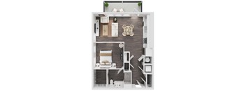A modern apartment layout with a kitchen, living room, and bathroom.