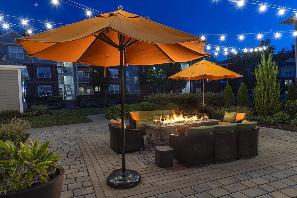 Creek's Edge Apartments Richmond Virginia outdoor fire pit with bistro lights