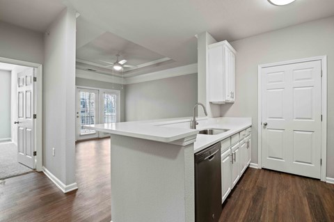 A kitchen with white cabinets and a dishwasher.