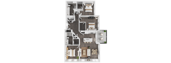 A top-down view of a house layout with two bedrooms, a living room, a kitchen, and a bathroom.